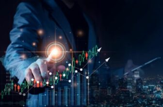man in suit pointing and touching virtual trading chart