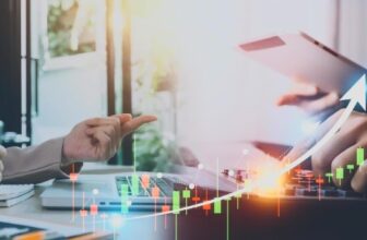 People working on trades with forex trading overaly going up