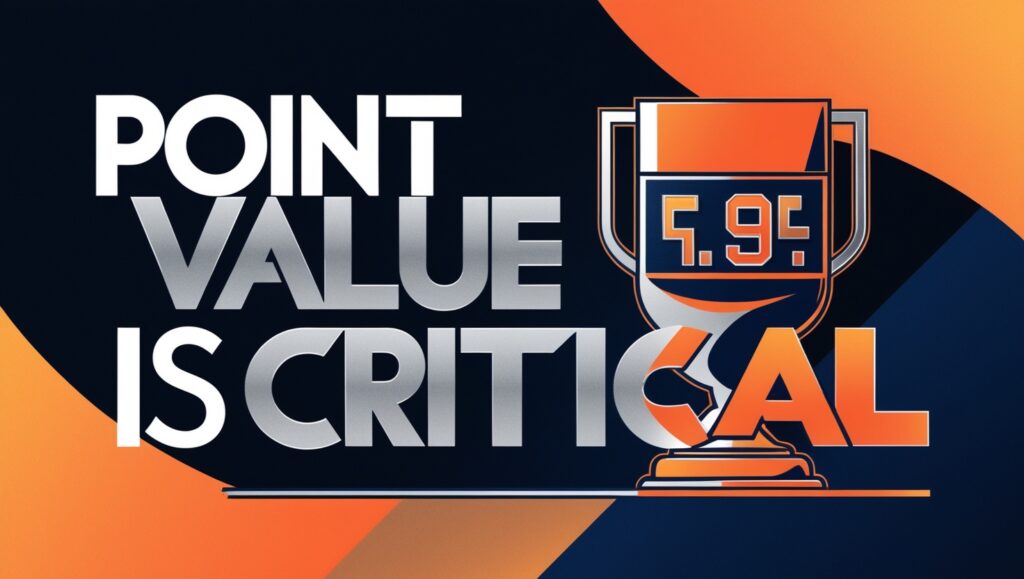 Bold graphic design emphasizing the importance of point value in trading, featuring the phrase 'Point Value is Critical' in large, white letters against a contrasting dark blue and orange background. The design includes a stylized trophy with the number '5.95' on it, symbolizing precision and high stakes in financial trading.