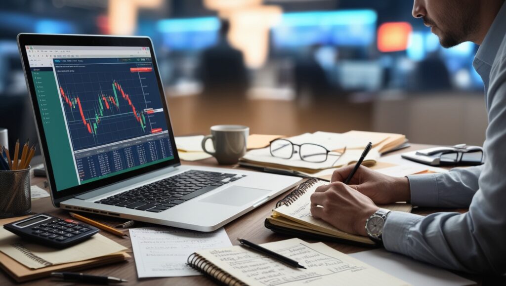 Focused male trader at a cluttered desk calculating point value, with a laptop showing live trading charts of stock market fluctuations. Surrounded by notebooks, financial papers, a calculator, and a coffee cup, he writes notes in a journal, emphasizing the critical analysis of point value in his trading strategy.