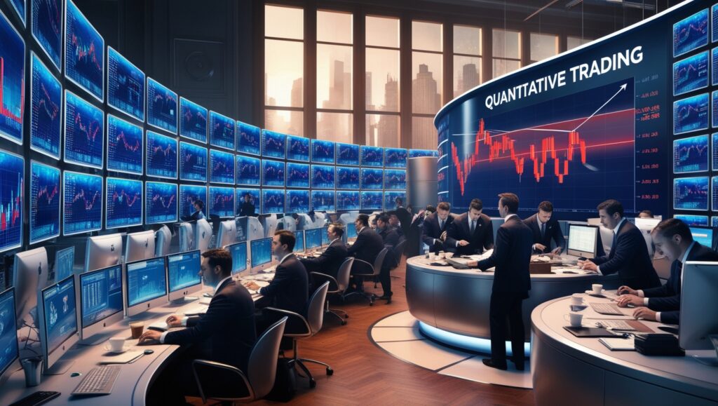 Futuristic high-tech trading floor bustling with activity, set in a room surrounded by massive screens displaying vibrant financial charts and data, emphasizing the dynamic environment of quantitative trading. Multiple traders in formal attire are actively engaging with the computers, analyzing real-time data. The room is illuminated by natural light from large windows that showcase a cityscape, blending modernity with the intense world of finance. Prominent on the wall is the phrase 'QUANTITATIVE TRADING', serving as a central focus for how to get into quant trading.