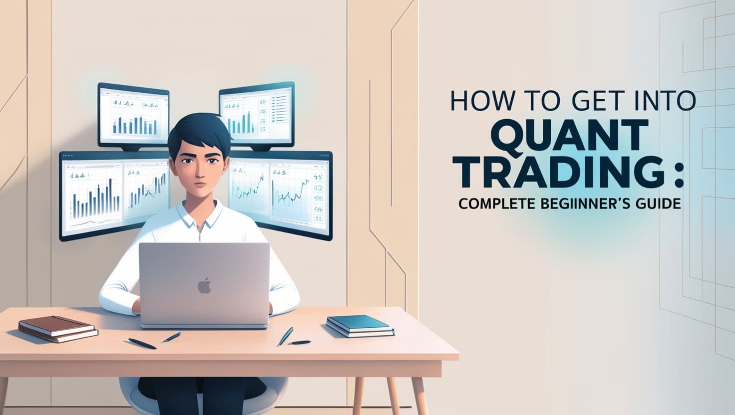 Illustration of a focused individual at a minimalist workspace, engaging in quantitative trading research. The person, with short black hair and wearing a light blue shirt, sits at a modern desk with a laptop open in front of them. Surrounding the workspace are multiple monitors displaying complex financial charts and data analysis. A small notebook and two pens rest on the desk to their side, symbolizing organization and readiness. The background prominently features the text 'HOW TO GET INTO QUANT TRADING: COMPLETE BEGINNER'S GUIDE,' guiding viewers on starting their journey in quantitative trading.