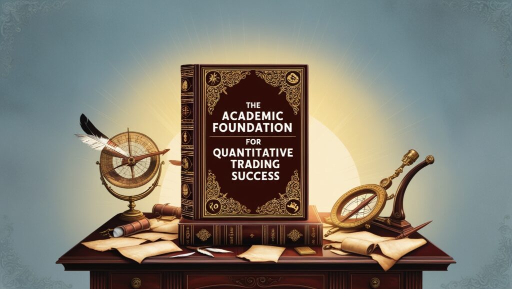 Vintage-inspired illustration depicting an ornate workspace set against a sunlit background with decorative scrolls. The focus of the image is a large, elaborate book titled 'THE ACADEMIC FOUNDATION FOR QUANTITATIVE TRADING SUCCESS'. Beside the book are classic scholarly objects: a brass globe, a feather quill, rolled-up parchments, and an old-fashioned telescope, all resting on a wooden desk. This tableau emphasizes traditional academic tools used to delve into the knowledge of how to get into quant trading.
