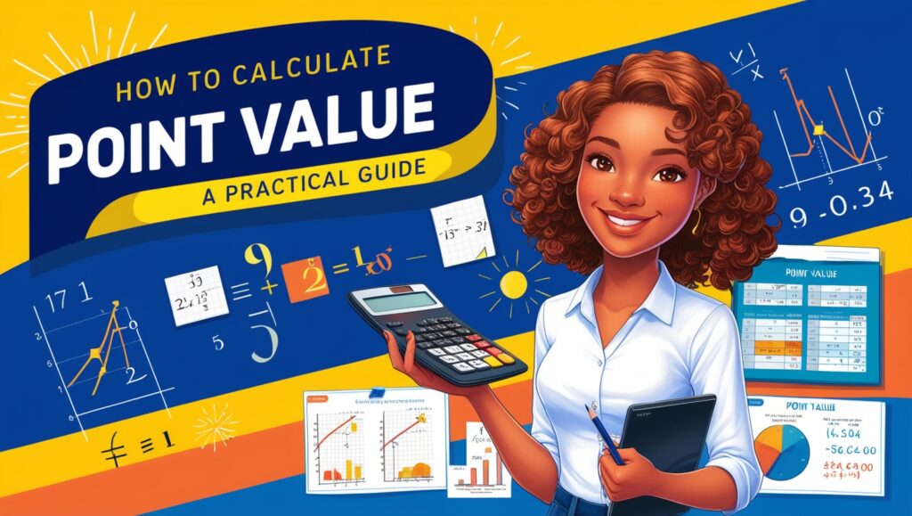 Vibrant educational illustration featuring a smiling woman teaching how to calculate point value. She holds a calculator and a notebook, surrounded by colorful mathematical symbols, charts, and equations. The background includes a large banner titled 'How to Calculate Point Value - A Practical Guide,' emphasizing the importance of point value in financial decisions.
