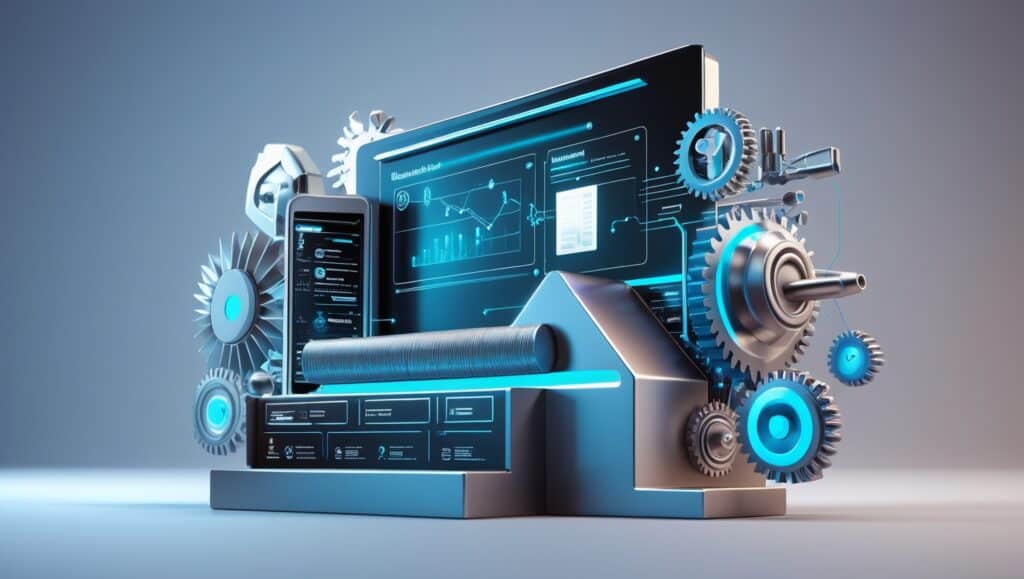 Futuristic and high-tech illustration showcasing a complex machinery setup for CVD Trading, featuring a detailed control panel with screens displaying various trading charts and data analytics. The machine includes rotating gears and mechanical components in shades of blue and silver, symbolizing the precision and mechanical nature of algorithmic trading systems used in tracking cumulative volume delta in financial markets. The overall design emphasizes the integration of technology in modern trading strategies.