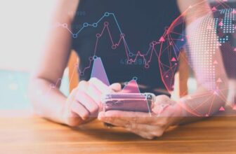 woman with phone showing virtual trading data pink