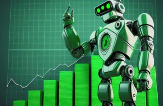 robot standing in front of green price action chart