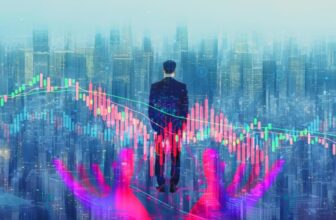 man looking at city with forex chart overlay