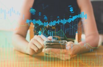 woman with phone showing virtual trading data blue
