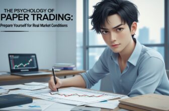 A focused young trader practicing paper trading at his desk, analyzing stock market charts and financial data in a modern office setting