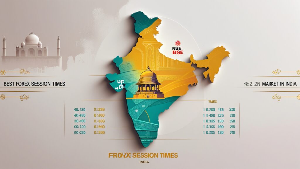 Image is a stylized infographic map of India, featuring a colorful and artistic design. The map is divided into different regions, each with distinct colors: orange, blue, and green. The central focus is on a large, intricate illustration of a dome structure, possibly representing a significant building, overlaid on the map. In the top right corner, there are logos for NSE and BSE in red, indicating stock exchanges. On the left, a sepia-toned image of the Taj Mahal is visible, adding a historical element. Text on the left reads 'BEST FOREX SESSION TIMES' in a classic serif font, while on the right, '2.N MARKET IN INDIA' is displayed. Below the map, a table lists times and corresponding numbers, with a gradient color scheme from yellow to green. The bottom text 'FOREX SESSION TIMES INDIA' is centered in bold, modern typography. The overall layout is clean and visually appealing, combining traditional and modern elements.
