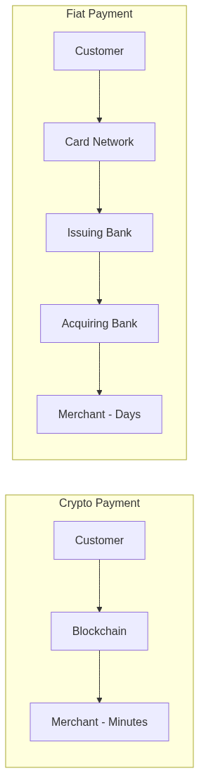 Payment flow: crypto direct blockchain settlement vs fiat multi-intermediary bank processing