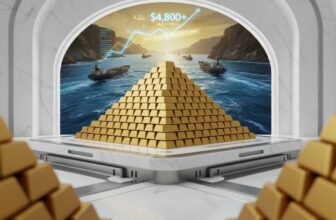 Gold Rises Above $4,800 as Iran Reopens Strait of Hormuz - editorial illustration