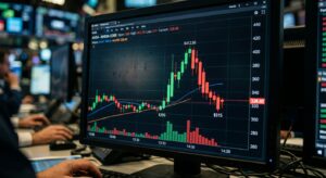 Pump and dump scheme market manipulation — trading terminal showing dramatic price spike and crash