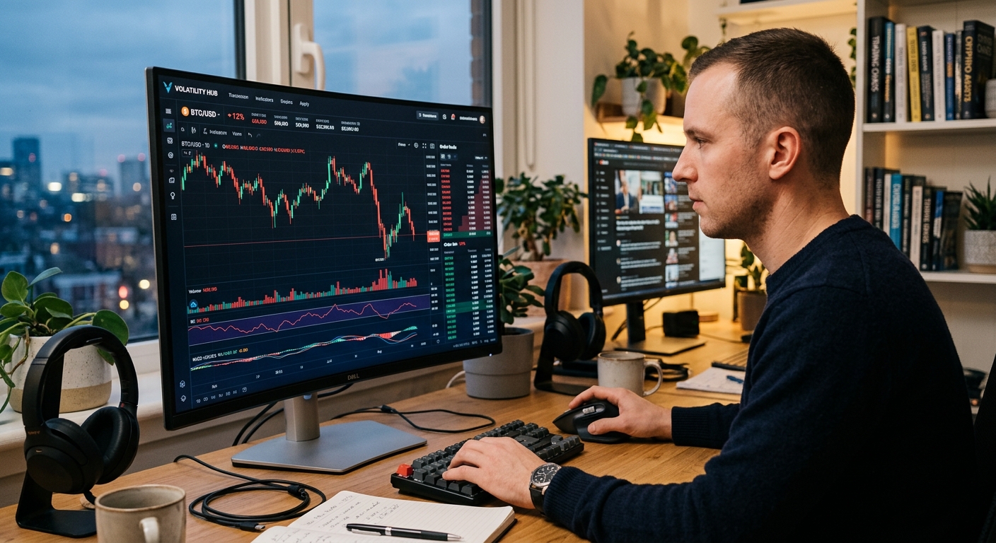 Crypto trader monitoring volatile cryptocurrency price charts on large monitor