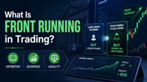 Generate a banner image in the 16:9 format: What Is Front Running in Trading? Definition, Examples & Legality