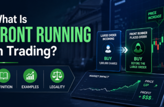Generate a banner image in the 16:9 format: What Is Front Running in Trading? Definition, Examples & Legality