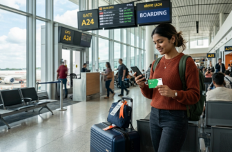 Indian traveller with forex card at international airport departure gate