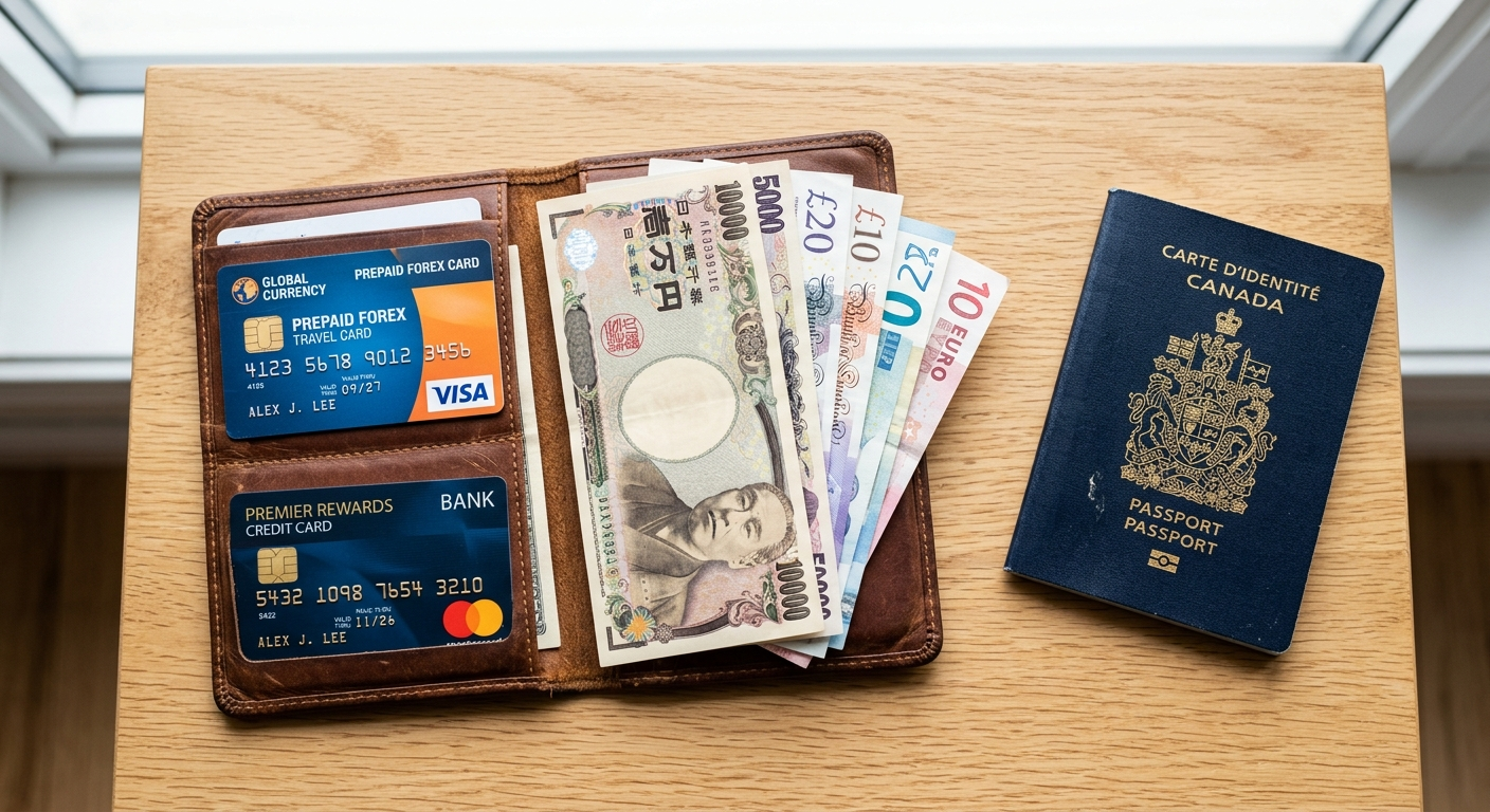 Traveller organising forex card, credit card and foreign currency at departure