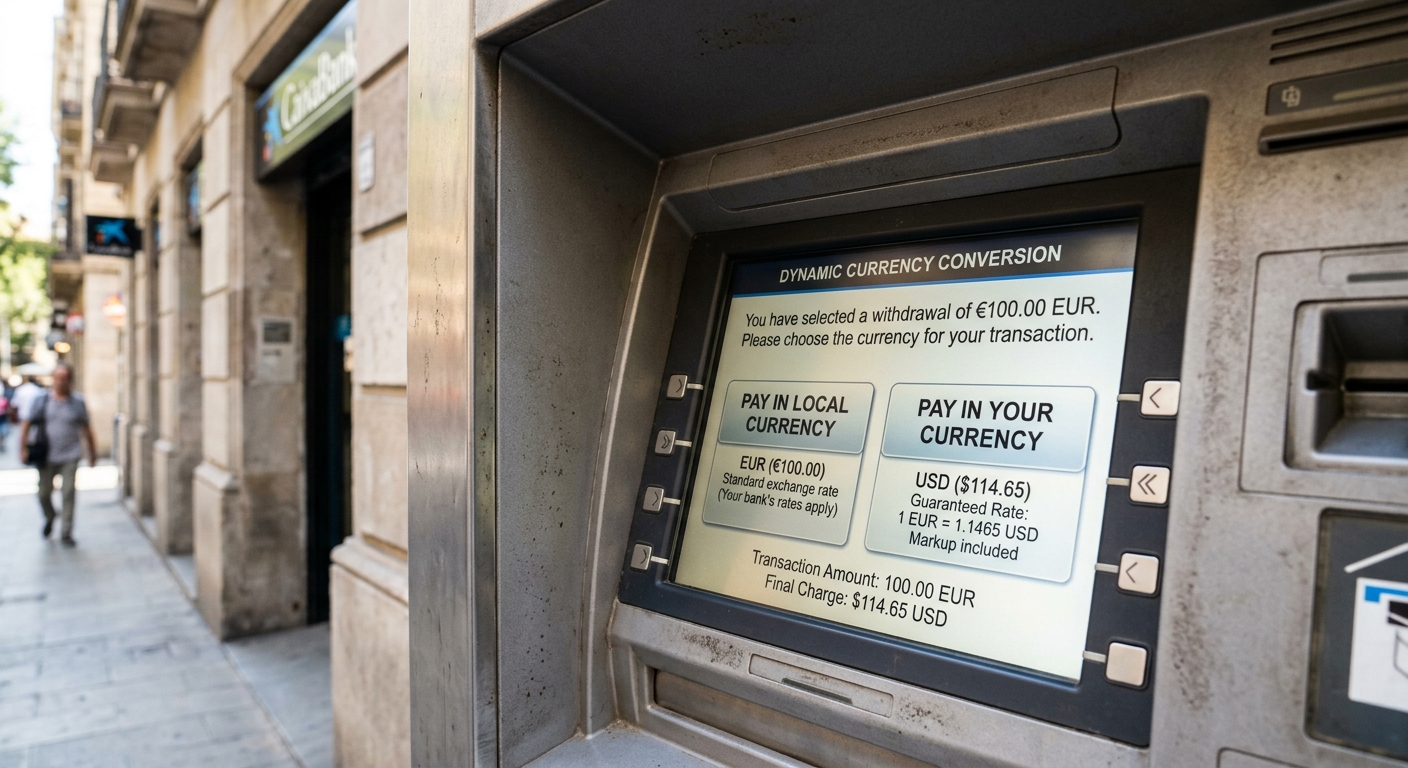 ATM screen showing DCC prompt: always choose local currency to avoid Dynamic Currency Conversion