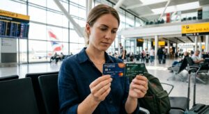 Traveler comparing forex card vs debit card at international airport