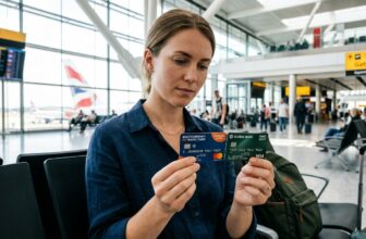Traveler comparing forex card vs debit card at international airport