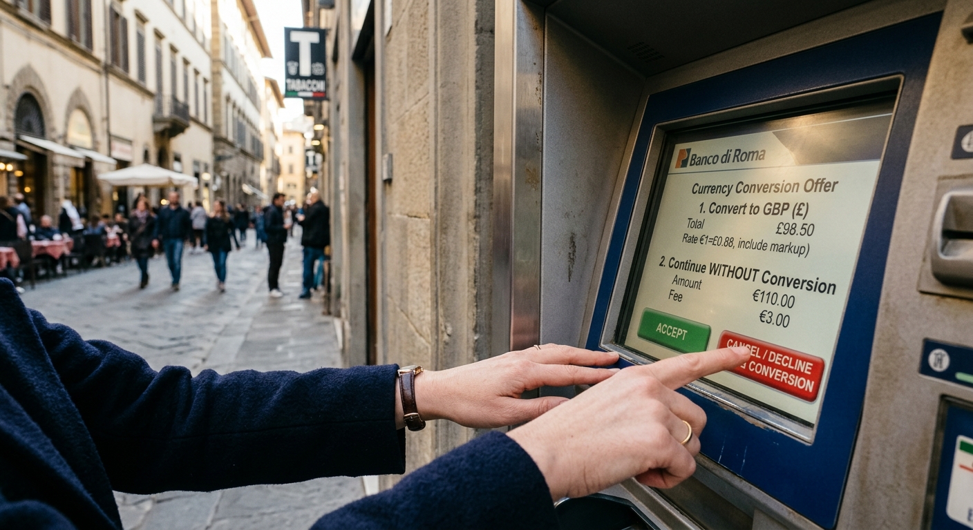 Traveler declining dynamic currency conversion offer at Italian ATM