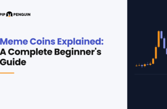 Meme Coins Explained: A Complete Beginner's Guide cover with the PipPenguin logo and a candlestick chart that spikes and then falls