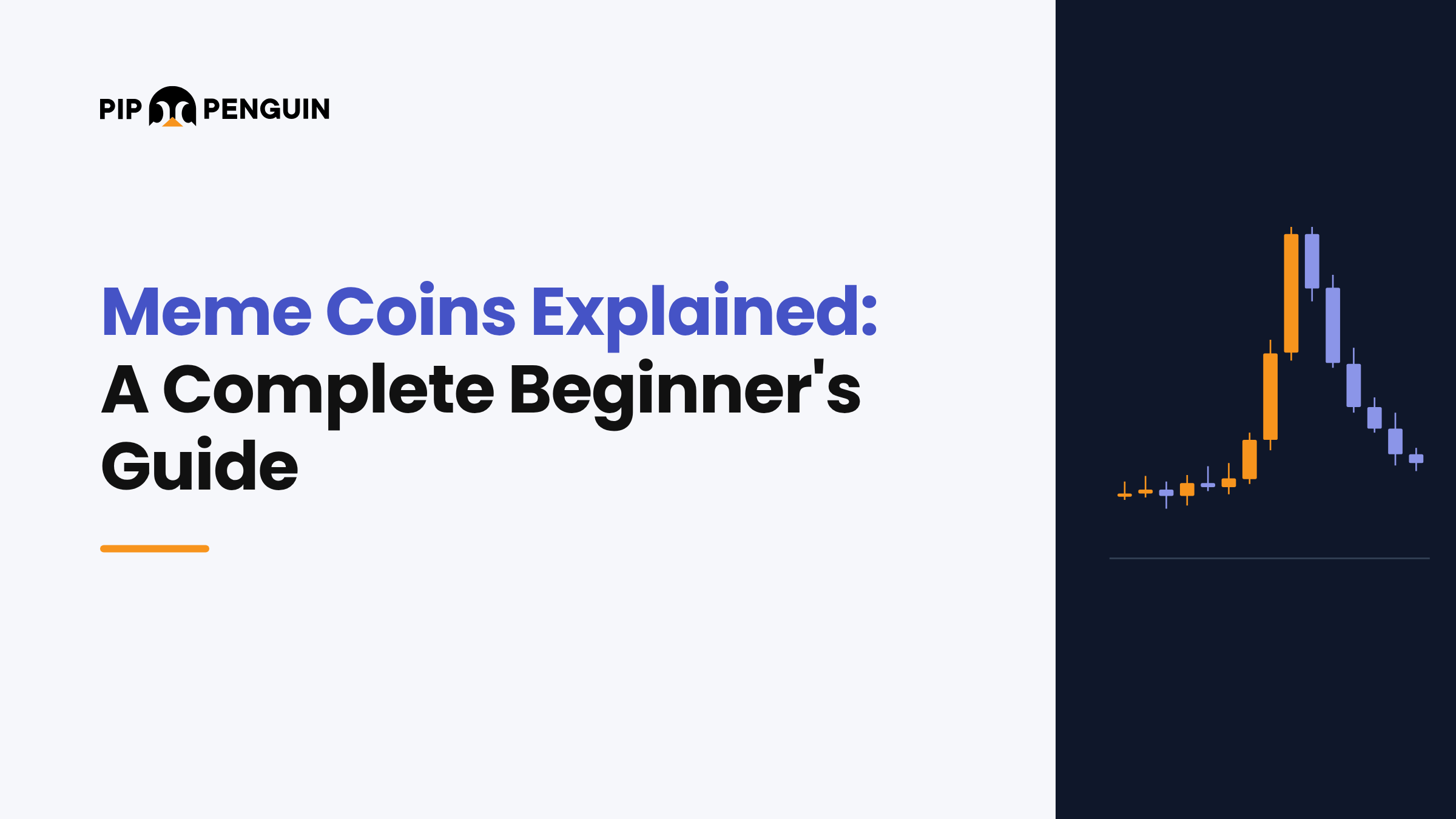 Meme Coins Explained: A Complete Beginner's Guide cover with the PipPenguin logo and a candlestick chart that spikes and then falls