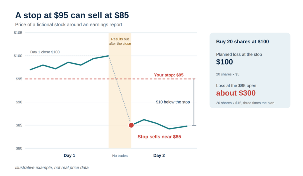 A stop-loss at $95 sells at the next available price, here the $85 open. Illustrative figures