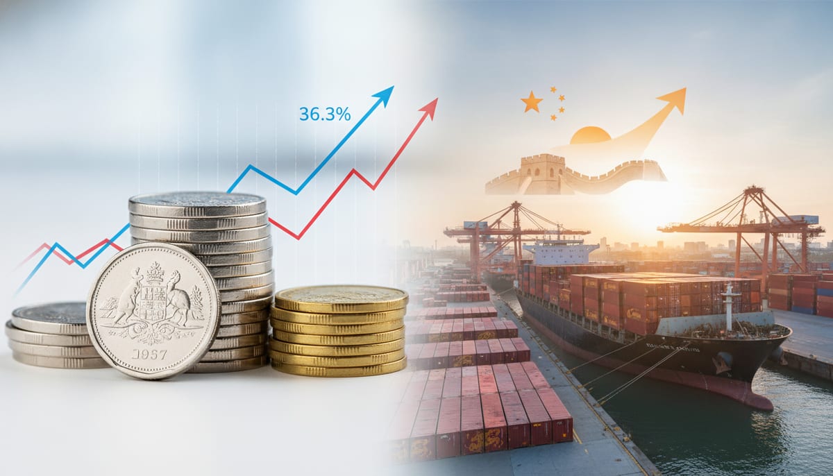 Australian and New Zealand Dollars Rise as China Exports Surge 36.3% - editorial illustration