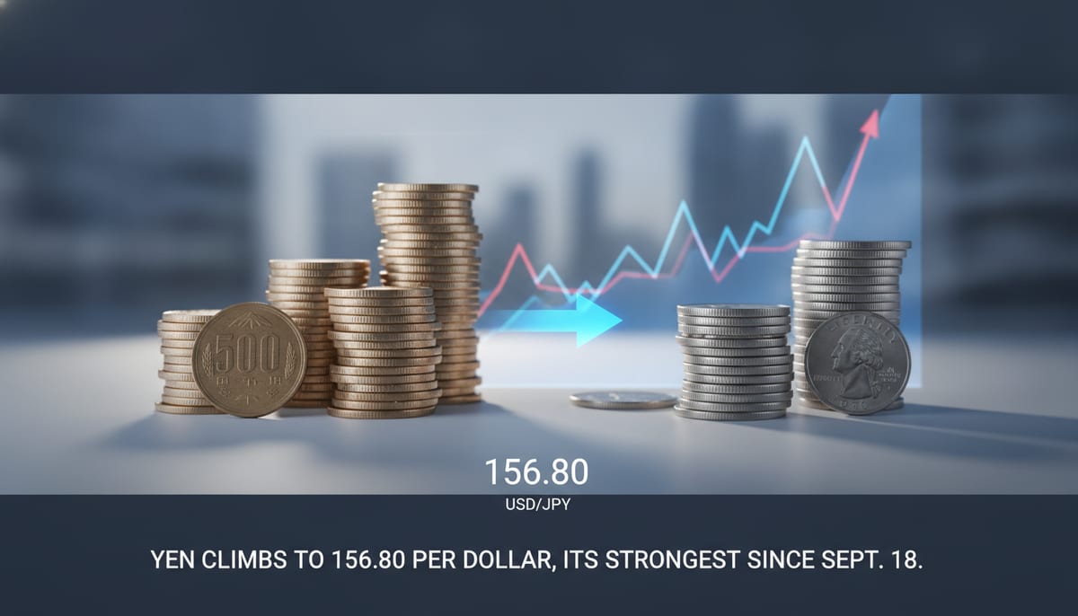 Yen Climbs to 156.80 Per Dollar, Its Strongest Since Sept. 18 - editorial illustration