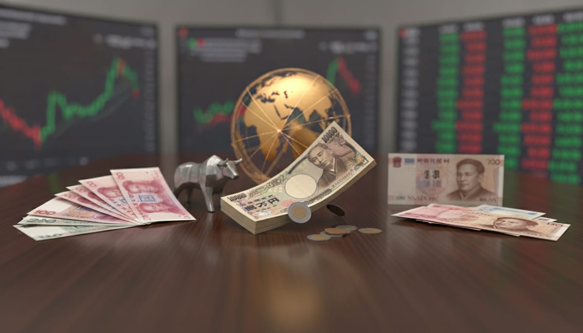 Asian Currencies Mixed as Dollar Holds Firm, Yen Slips Before Fed - editorial illustration