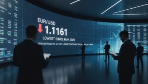 EUR/USD Falls to $1.1161, Lowest Since May 2025, as Dollar Firms - editorial illustration