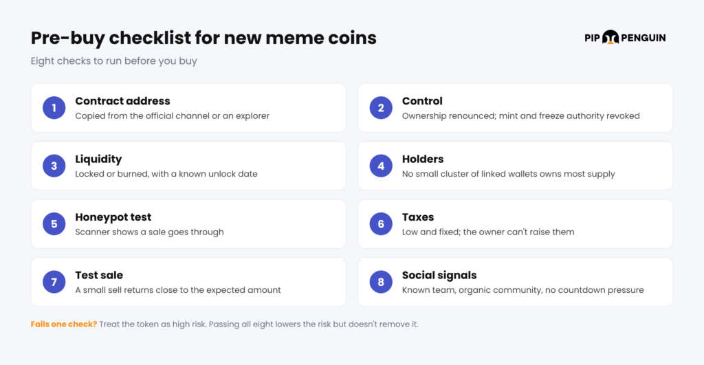 PipPenguin pre-buy checklist for new meme coins with eight checks: contract address, control, liquidity, holders, honeypot test, taxes, test sale and social signals
