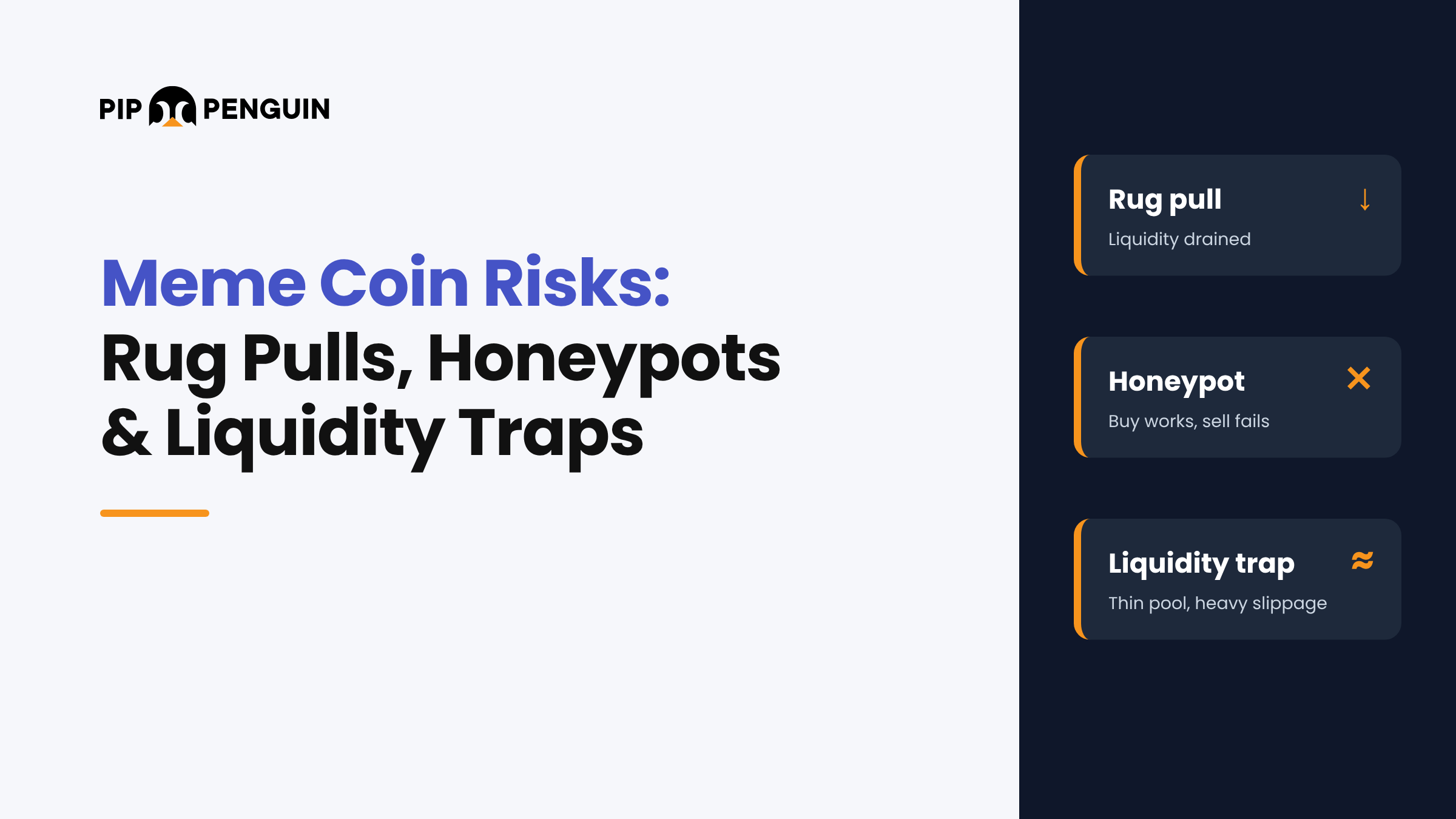 Cover image for the PipPenguin guide to meme coin risks, covering rug pulls, honeypots and liquidity traps